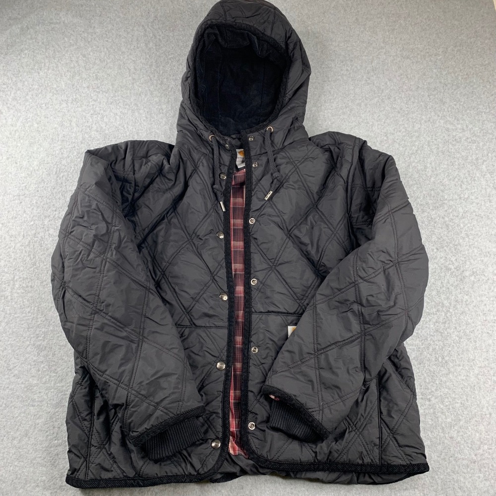 Carhartt Quilted Jacket Women's L Black Plaid Lined Hooded Flannel
